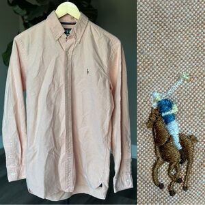 Ralph Lauren Classic Fit Men's Salmon Button Down Long Sleeve Shirt, Brown Pony